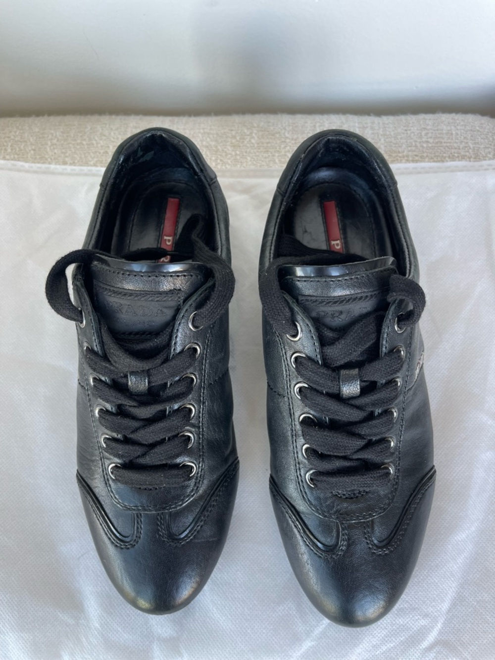 Prada Montecarlo Logo Plaque Black Leather Low-Top Lace Up Trainers 35.5 - Picture 5 of 15